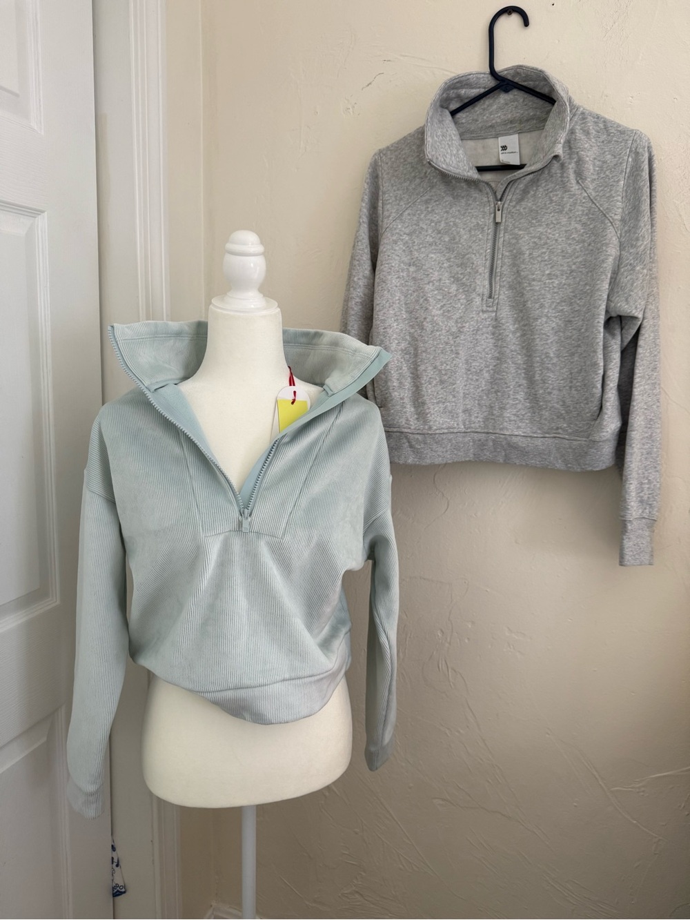 Women’s Half-Zip Pullover Sweater - Light Gray and Blue